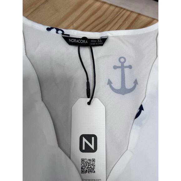 Noracora Women’s Size XL White Mid Length Shirt Dress Short Sleeve Blue Anchor - Picture 4 of 7